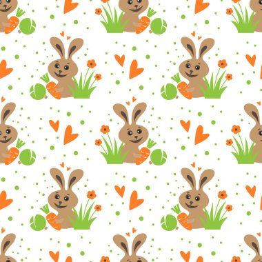 Tavşan ve havuçla kusursuz desen. Paskalya vektör illüstrasyonu. Kumaş, bayrak, duvar kağıdı ve hediye paketi için düz tasarım ögeleri.