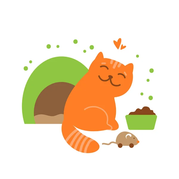 幸せな猫と食べ物 ベクトルイラスト グリーティングカード バナー リーフレット ポスター用のフラットデザイン要素 — ストックベクタ