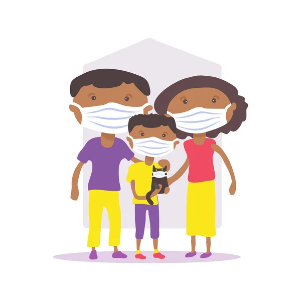 Familia Afroamericana Con Máscaras Faciales Covid Ilustración Vectorial Conceptual Protección — Archivo Imágenes Vectoriales