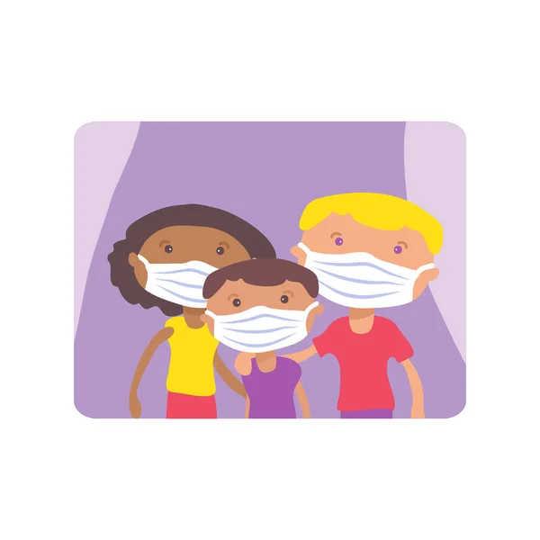 Multiethnische Familie Mit Gesichtsmasken Covid Konzeptionelle Vektorillustration Schutz Vor Coronavirus — Stockvektor