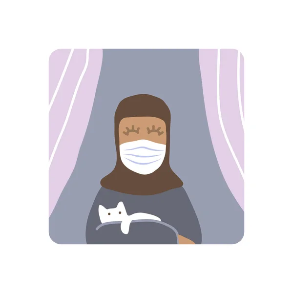 Mujer Árabe Con Mascarilla Gato Covid Ilustración Vectorial Conceptual Protección — Archivo Imágenes Vectoriales