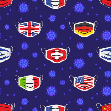 Yüz maskeleri ve koronavirüs bakterisi olan kusursuz bir desen. COVID-19 kavramsal vektör çizimi. 2019 ncov virüs hücreleri.