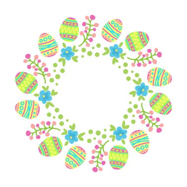 Beyaz arka planda izole edilmiş Paskalya yumurtaları ve çiçekleriyle sınır. Tatil vektör çizimi. Tebrik kartı, broşür, poster, kapak veya fotoğraf çerçevesi için düz tasarım.