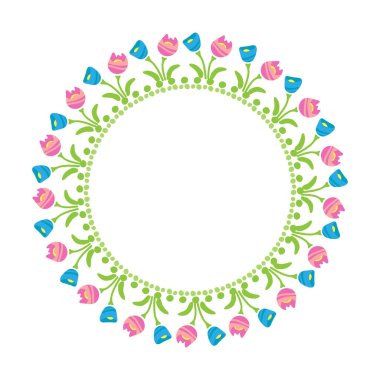 Beyaz arka planda lale ve çan çiçekli bahar sınırı. Vektör çizimi. Tebrik kartı, broşür, poster, kapak veya fotoğraf çerçevesi için düz tasarım.