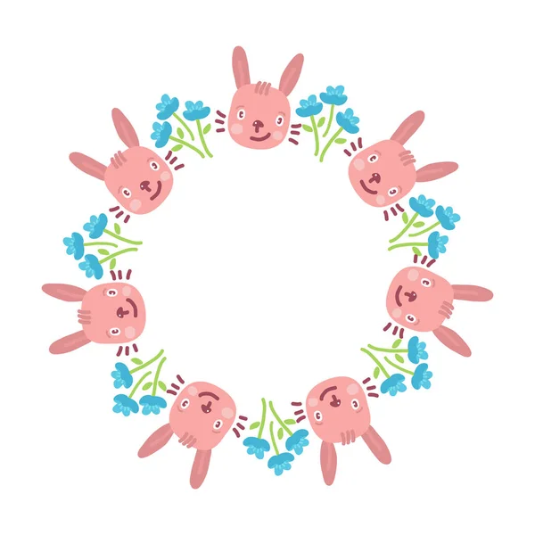 边境与可爱的兔子和花朵隔离在白色的背景 复活节矢量图解 封面或相框的平面设计 — 图库矢量图片