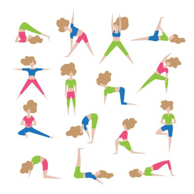 Yoga pozları beyaz arkaplanda. Vektör çizimi. Poster, afiş, web tasarımı, etiket, kitapçık için düz tasarım karakterleri.