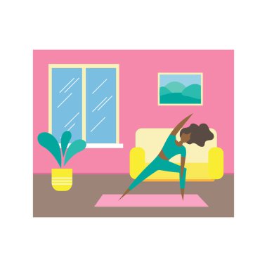 Evde yoga yapan kadınlar. Evde kal ve kendini izole et kavramsal vektör çizimi. COVID-19 koronavirüs önleme.