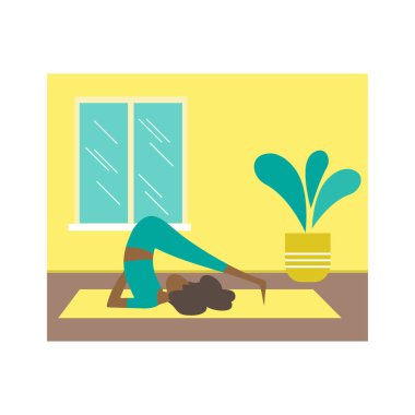Evde yoga yapan kadınlar. Evde kal ve kendini izole et kavramsal vektör çizimi. COVID-19 koronavirüs önleme.