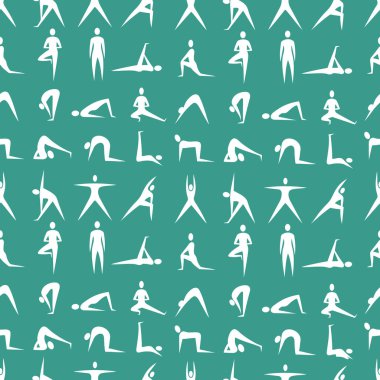 Yoga pozları veren kusursuz bir desen. Vektör çizimi. Kumaş, afiş, duvar kağıdı, ambalaj kağıdı için tasarım elemanı. Düz dizayn. Vektör illüstrasyonu.