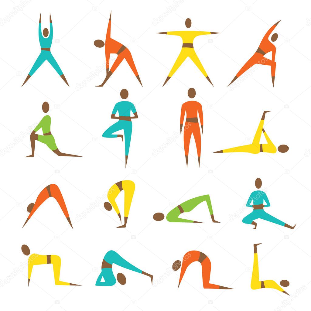 Yoga poses set on white background. Vector illustration. Flat design characters for poster, banner, web-design, sticker, booklet.