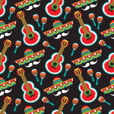 Meksika ulusal karakterlerinde kusursuz desen: sombrero, gitar ve marakas. Cinco De Mayo sembolleri. Vektör çizimi. Kumaş, pankart, duvar kağıdı, ambalaj kağıdı için tasarım ögeleri.