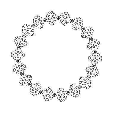 Çember çerçeve ve çiçek süsü. El çizimi stili. Vektör çizimi. Tebrik kartı, poster, broşür, çıkartma, kitapçık, kapak için tasarım ögesi.