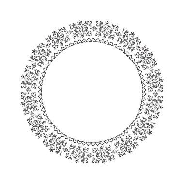 Romantik süslemelerle daire çiz. El çizimi stili. Vektör çizimi. Tebrik kartı, poster, broşür, çıkartma, kitapçık, kapak için tasarım ögesi.