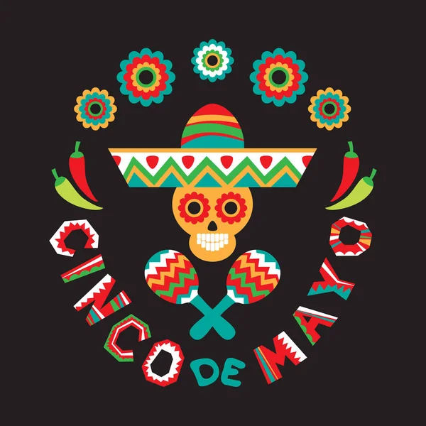 Mexikói Nemzeti Karakterek Koponya Sombrero Chilipaprika Maracas Cinco Mayo Szimbólumok — Stock Vector