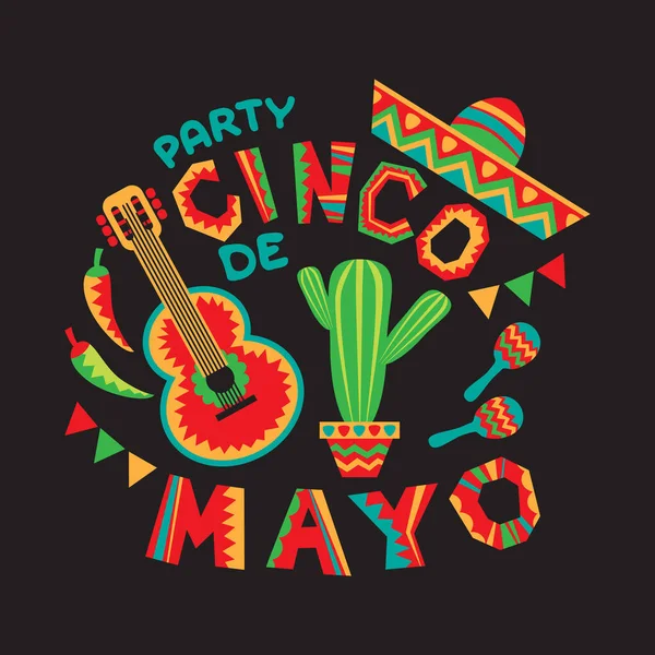 Mexikói Nemzeti Karakterek Sombrero Kaktusz Maracas Cinco Mayo Szimbólumok Vektor — Stock Vector