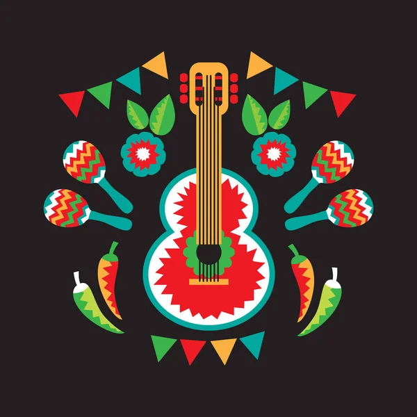 Meksykańskie Postacie Narodowe Sombrero Gitara Marakasy Symbole Cinco Mayo Ilustracja — Wektor stockowy