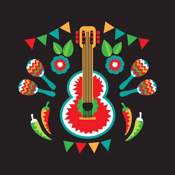 Meksika ulusal karakterleri: sombrero, gitar ve marakas. Cinco De Mayo sembolleri. Vektör çizimi. Tatil posteri, broşür, broşür, broşür tasarımı.