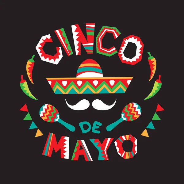 Mexikói Nemzeti Karakterek Bajusz Sombrero Chilipaprika Maracas Cinco Mayo Szimbólumok — Stock Vector