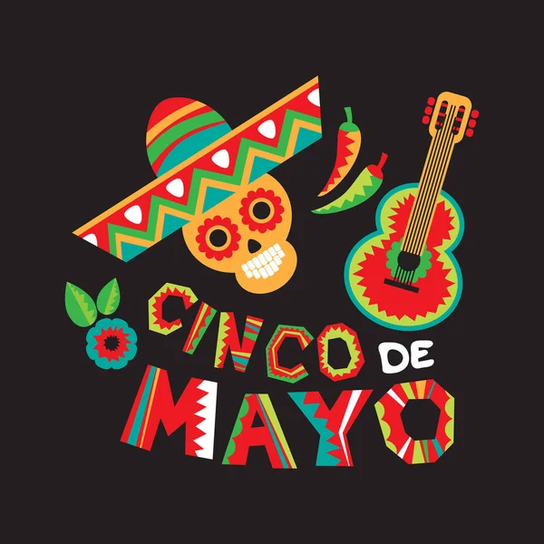 Mexikói Nemzeti Karakterek Koponya Sombrero Gitár Maracas Cinco Mayo Szimbólumok — Stock Vector