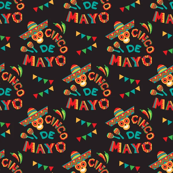 Zökkenőmentes Minta Mexikói Nemzeti Karakterekkel Koponya Sombrero Maracas Cinco Mayo — Stock Vector