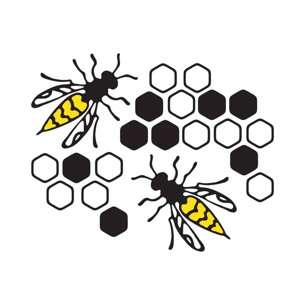 Wespen Oder Honigbienen Mit Waben Handgezeichneter Stil Gestaltungselement Für Flyer — Stockvektor