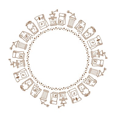 Kahve öğütücüleri ve beyaz arka planda fasulye ile el çizimi sınır. Doodle tarzı. Kafe menüsü şablonu, broşürler, posterler, fotoğraf çerçevesi, yemek kitabı. Vektör illüstrasyonu.