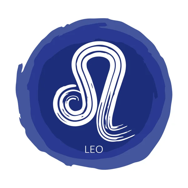 白の背景に独立した星座レオを持つ青い円のフレーム 黄道星座 ホロスコープと占星術の予測のための設計要素 手描きスタイル ベクターイラスト — ストックベクタ