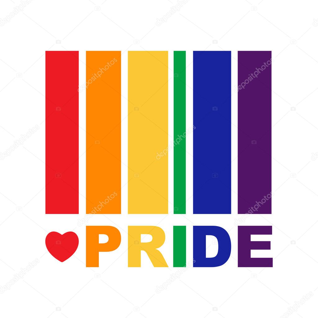 Rainbow flag on white background. LGBT pride month. Gay rights symbol. Conceptual vector illustration. Grunge style. Design element for sticker, leaflet, poster.