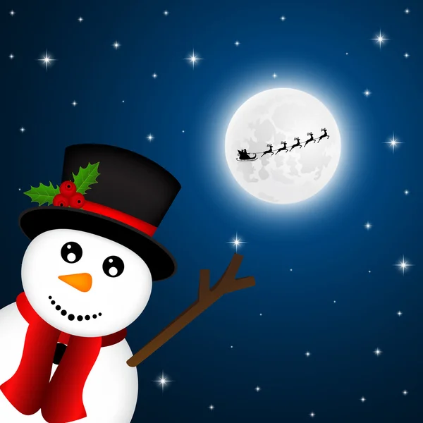Snowman goodbye, waving Santa Claus flies reindeer — Stock Vector