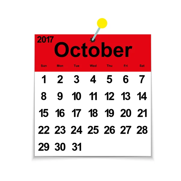 Calendario de hojas 2017 con el mes de octubre — Vector de stock