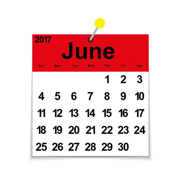 Calendario de hojas 2017 con el mes de junio — Vector de stock