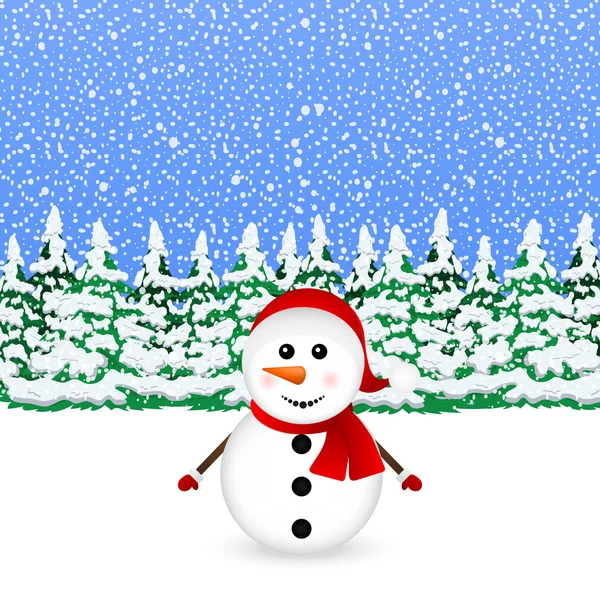 Snowman in snowy winter Christmas forest — Stock Vector