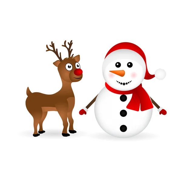 Snowman with reindeer standing — Stock vektor