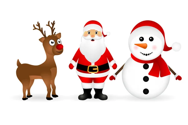 Santa Claus con renos y un muñeco de nieve — Vector de stock