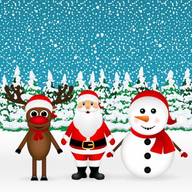 Noel Baba Ren geyiği ve bir kardan adam ayakta