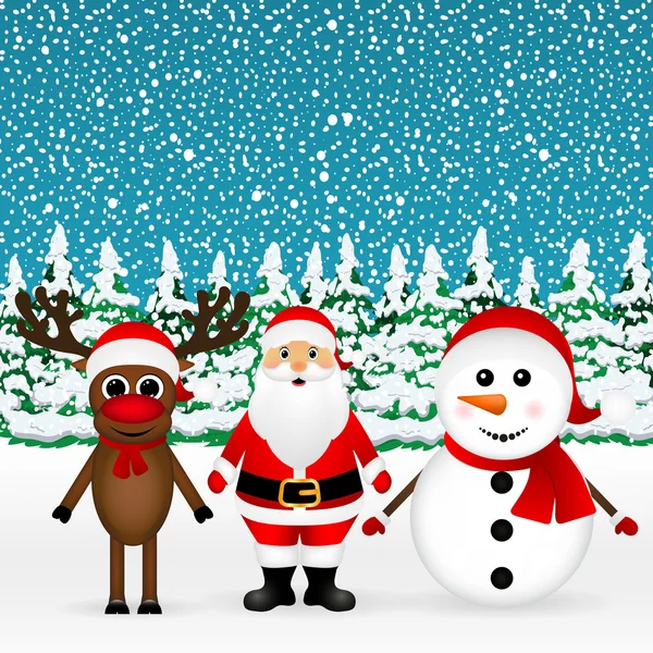 Weihnachtsmann mit Rentieren und einem Schneemann im Stehen — Stockvektor