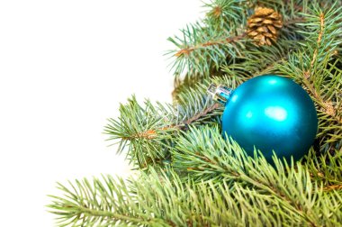Noel ağacı dalları koniler, hediyeler ve oyuncaklar üzerinde beyaz bir ba