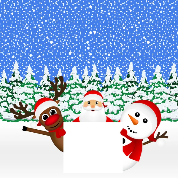 Santa Claus con muñeco de nieve y reno mirando — Vector de stock