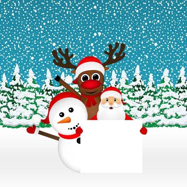 Babbo Natale con pupazzo di neve e renne che sbirciano — Vettoriale Stock