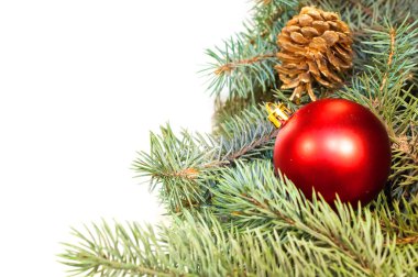 Noel ağacı dalları koniler, hediyeler ve oyuncaklar üzerinde beyaz bir ba