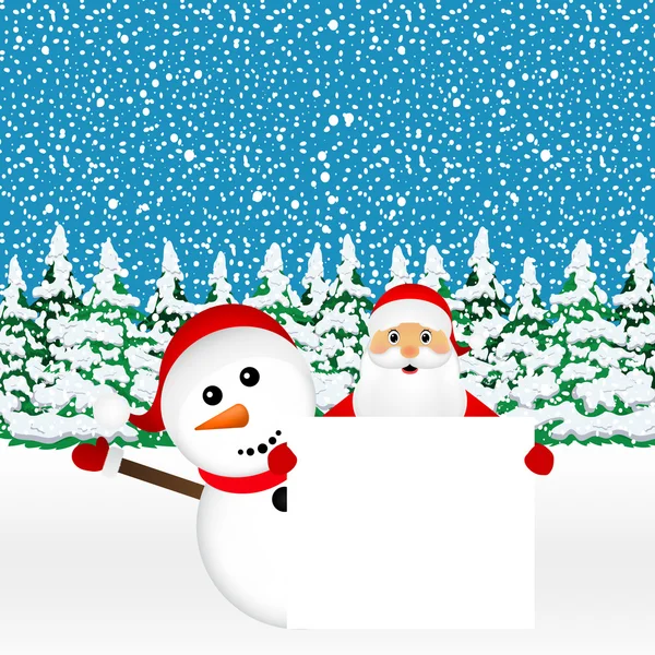 Santa Claus and snowman with white blank banner — Stock Vector