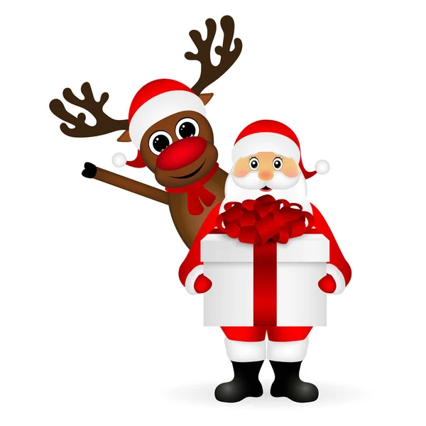 Santa Claus and reindeer cartoon with a gift — Stock Vector