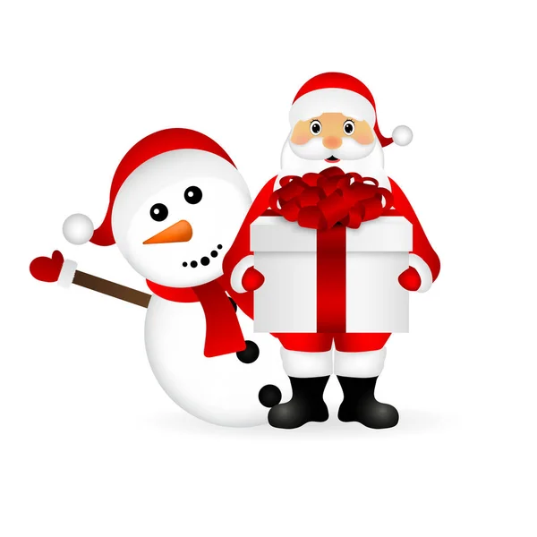 Papai Noel com boneco de neve desenho animado um presente — Vetor de Stock