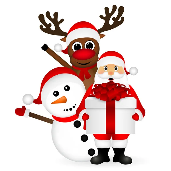 Санта-Клаус со снеговиком и оленями — стоковый вектор