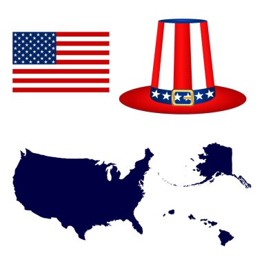 Bir şapka ve bayrak beyaz zemin üzerine ABD Haritası