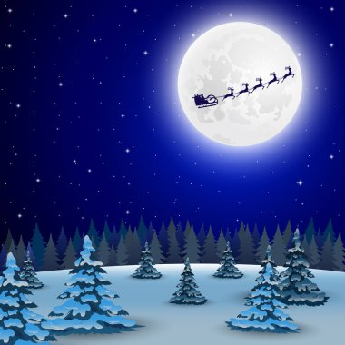 Gece Noel orman manzara. Noel Baba Ren geyiği içinde uçar