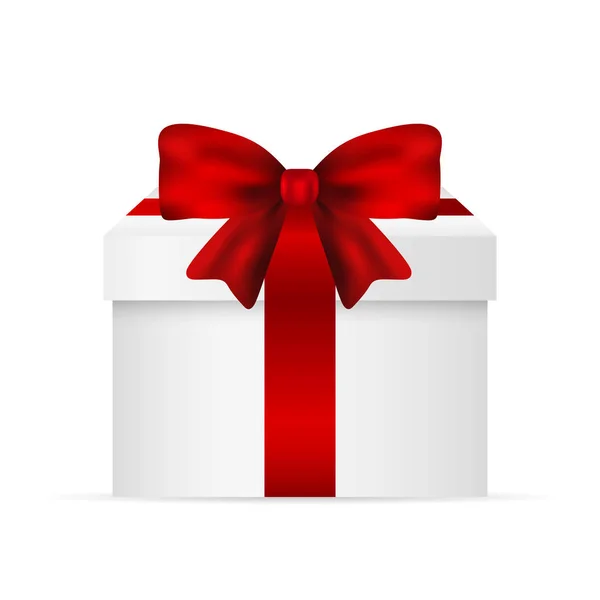 Beyaz zemin üzerine kırmızı yay ile bir kutu hediye — Stok Vektör