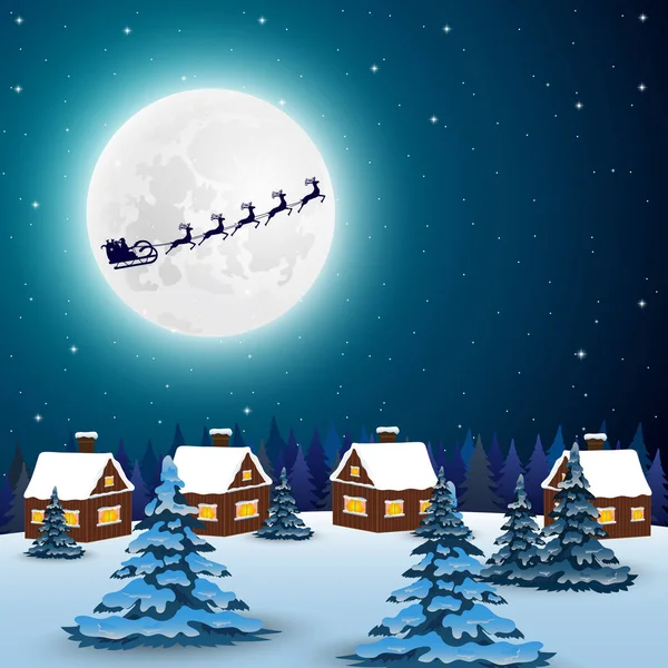 Paysage forestier de Noël nocturne. Père Noël vole rennes dans — Image vectorielle