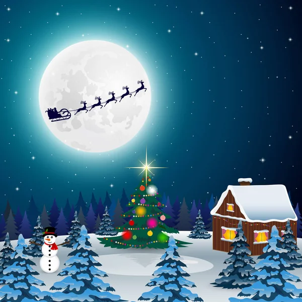 Noche Navidad bosque paisaje. Santa Claus vuela renos en — Vector de stock