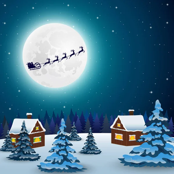 Night christmas forest landscape. Santa Claus flies reindeer in — Stock Vector